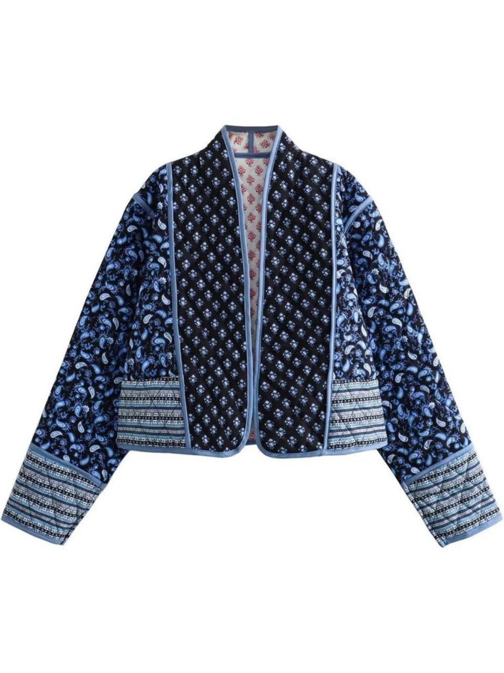 Lightweight Floral Printed Cropped Puffer Jacket | Quilted Long Sleeve Cardigan